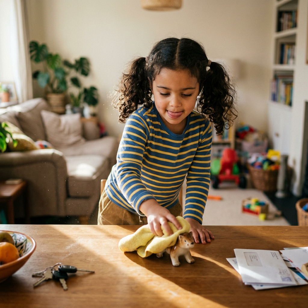 Young girl wrapping a small stuffed animal in a blanket